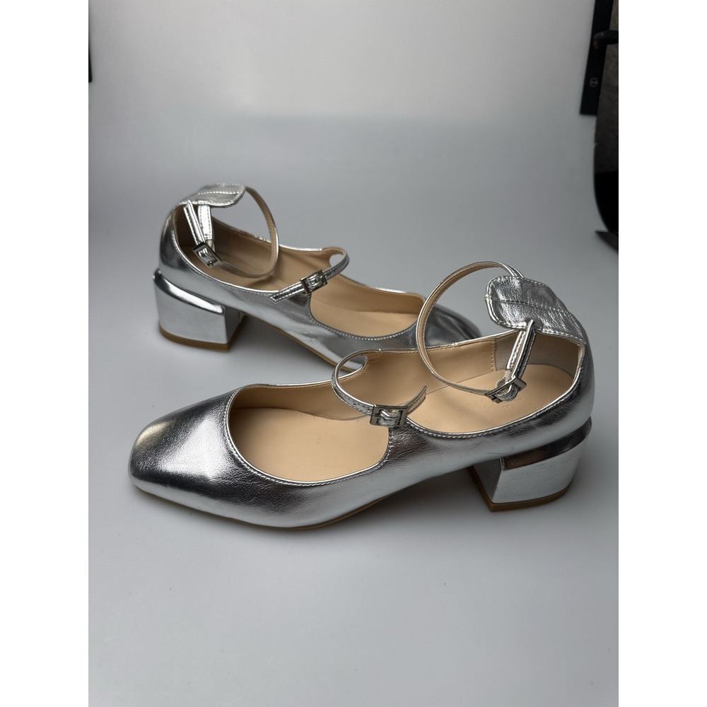 Carel Paris PÊCHE Silver Metallic Mary Jane Block Heel Shoes EU 37 US 6.5 Ballet